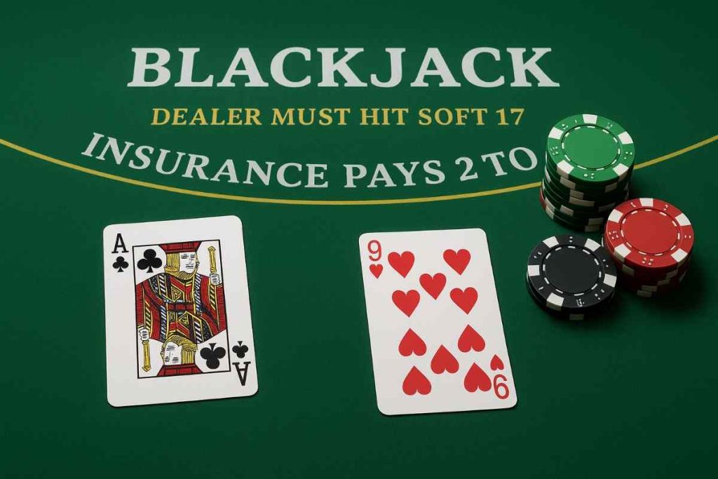 Mesa de Blackjack no ZZWIN cassino com cartas e fichas