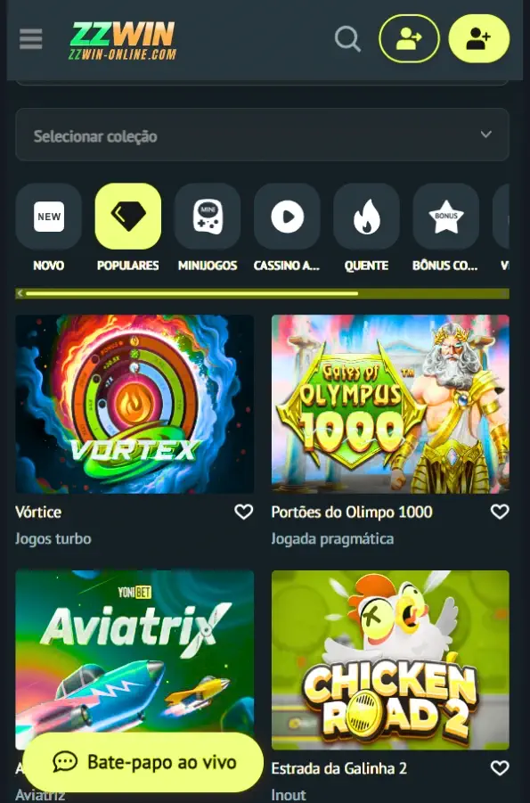 Interface do aplicativo ZZWIN cassino