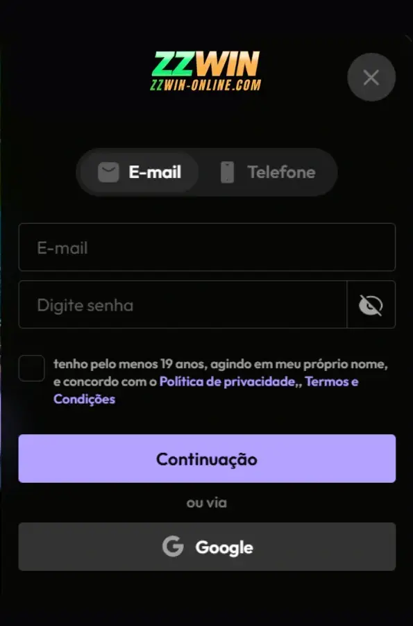 Jogador realizando cadastro no ZZWIN cassino